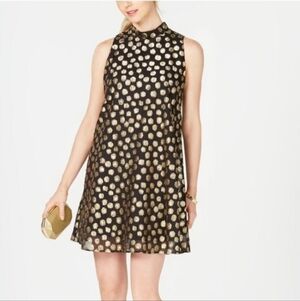 Signature Robbie Bee Black & Metallic Gold Polka Dot Bow Tie Back Mini Dress 14P